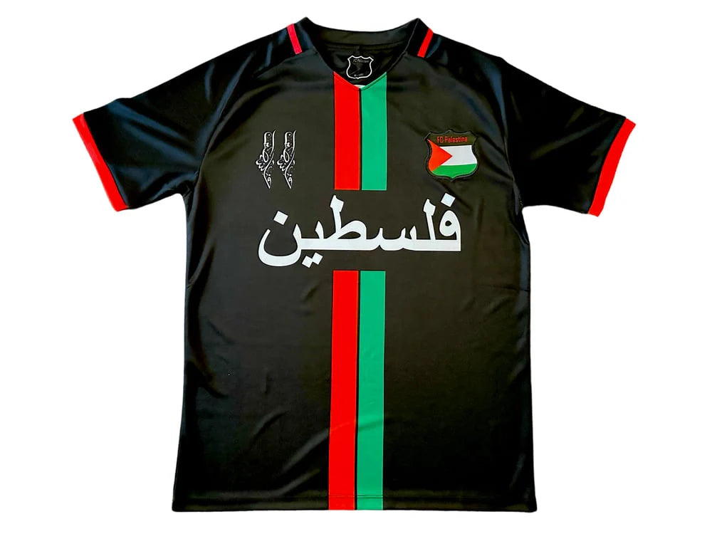 Palestine black football shirt with central stripes (red/green)